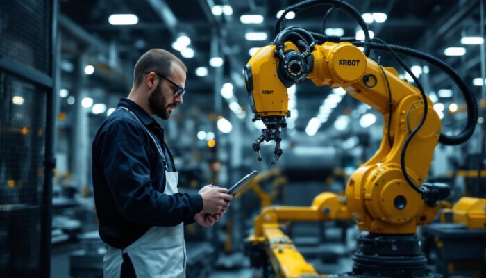 A photograph of a skilled technician operating an industrial robot in a modern manufacturing facility
