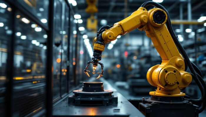 A photograph of a sleek industrial robotic arm in action within a modern san diego manufacturing facility