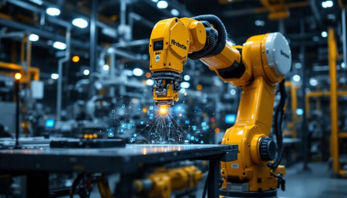 A photograph of a modern industrial robotic arm in action within a dynamic manufacturing environment