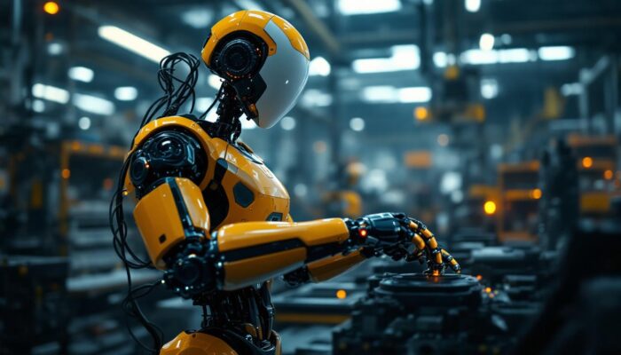 A photograph of a humanoid robot engaged in an industrial setting