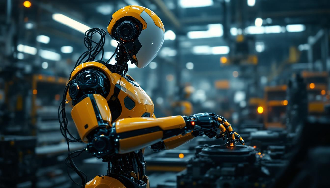A photograph of a humanoid robot engaged in an industrial setting