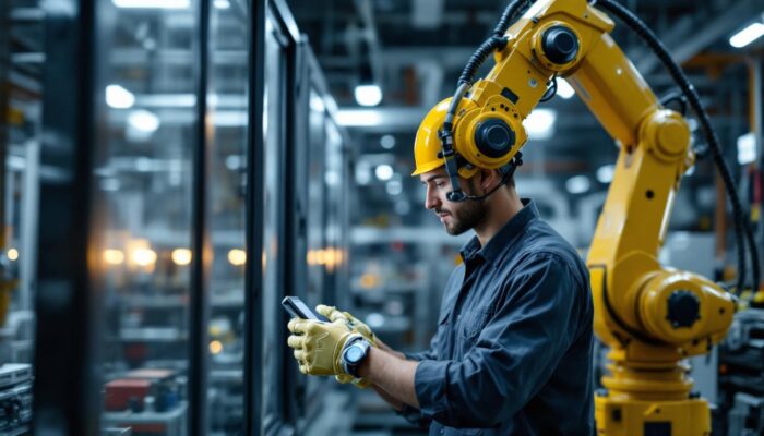 A photograph of a skilled technician programming or operating an industrial robot in a modern boston manufacturing facility