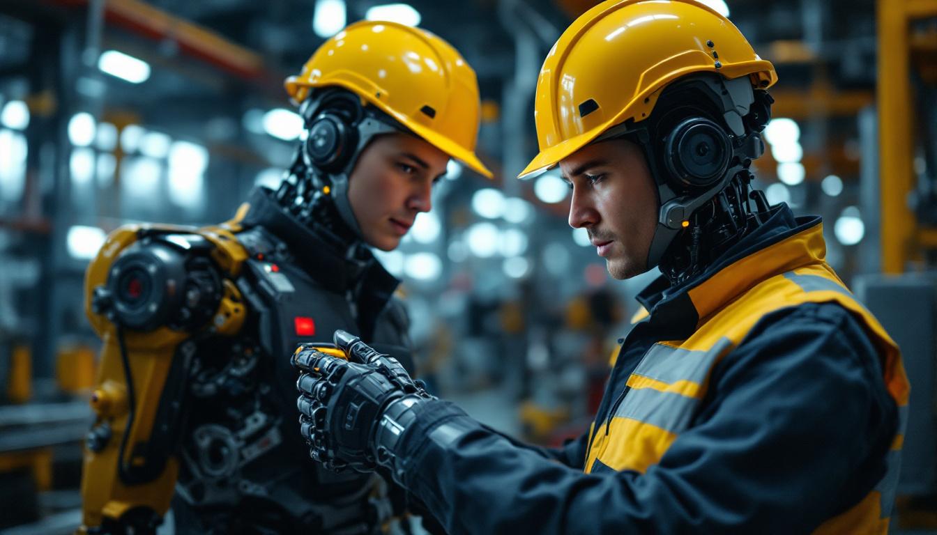 A photograph of a skilled technician interacting with an industrial robot in a modern oil and gas facility