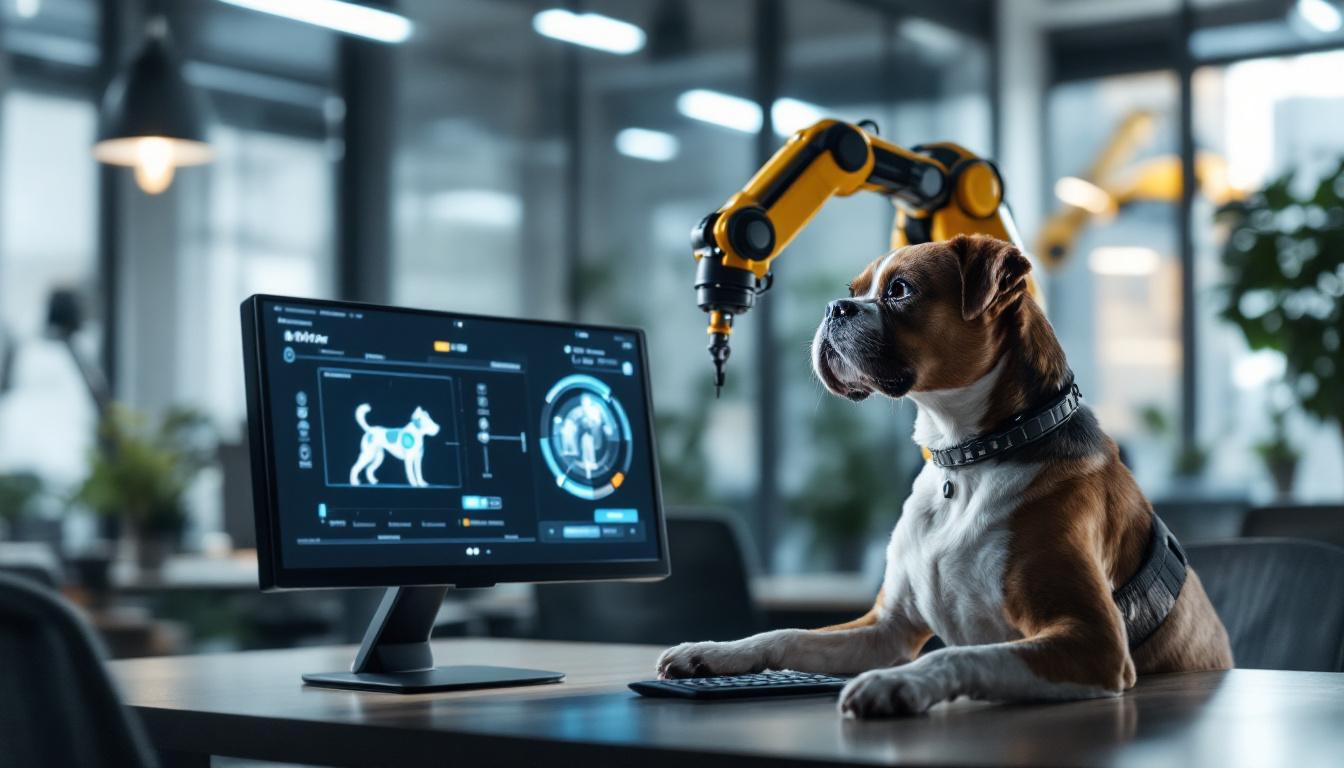 A photograph of a high-tech industrial robotic arm interacting with a sleek dog monitor