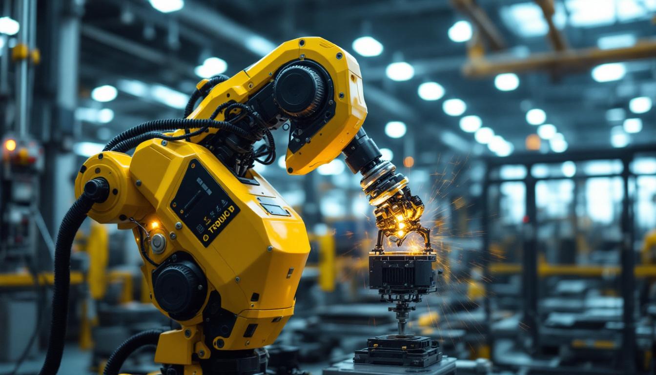 A photograph of a dynamic industrial robot in action within a modern manufacturing environment