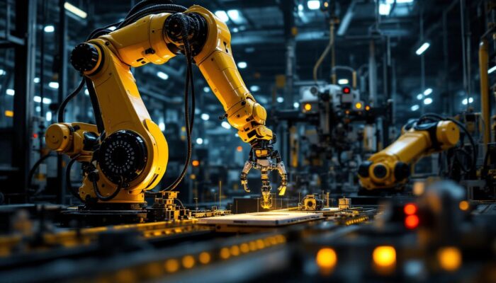 A photograph of a dynamic industrial setting featuring a robotic arm in action