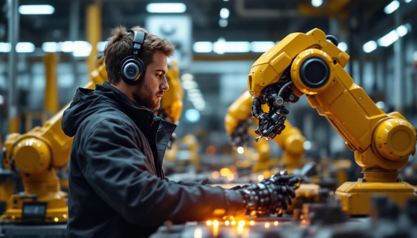 A photograph of a skilled mechanical engineer working alongside advanced industrial robots in a modern manufacturing facility