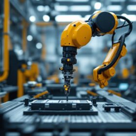 A photograph of a sleek industrial robotic arm in action within a modern manufacturing environment