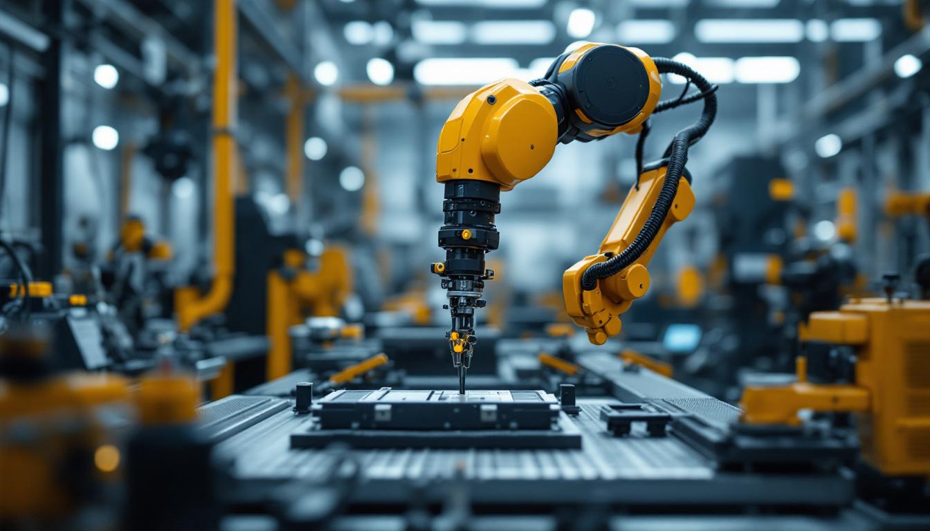 A photograph of a sleek industrial robotic arm in action within a modern manufacturing environment