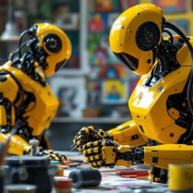 A photograph of a sleek industrial robot in action within a vibrant art studio
