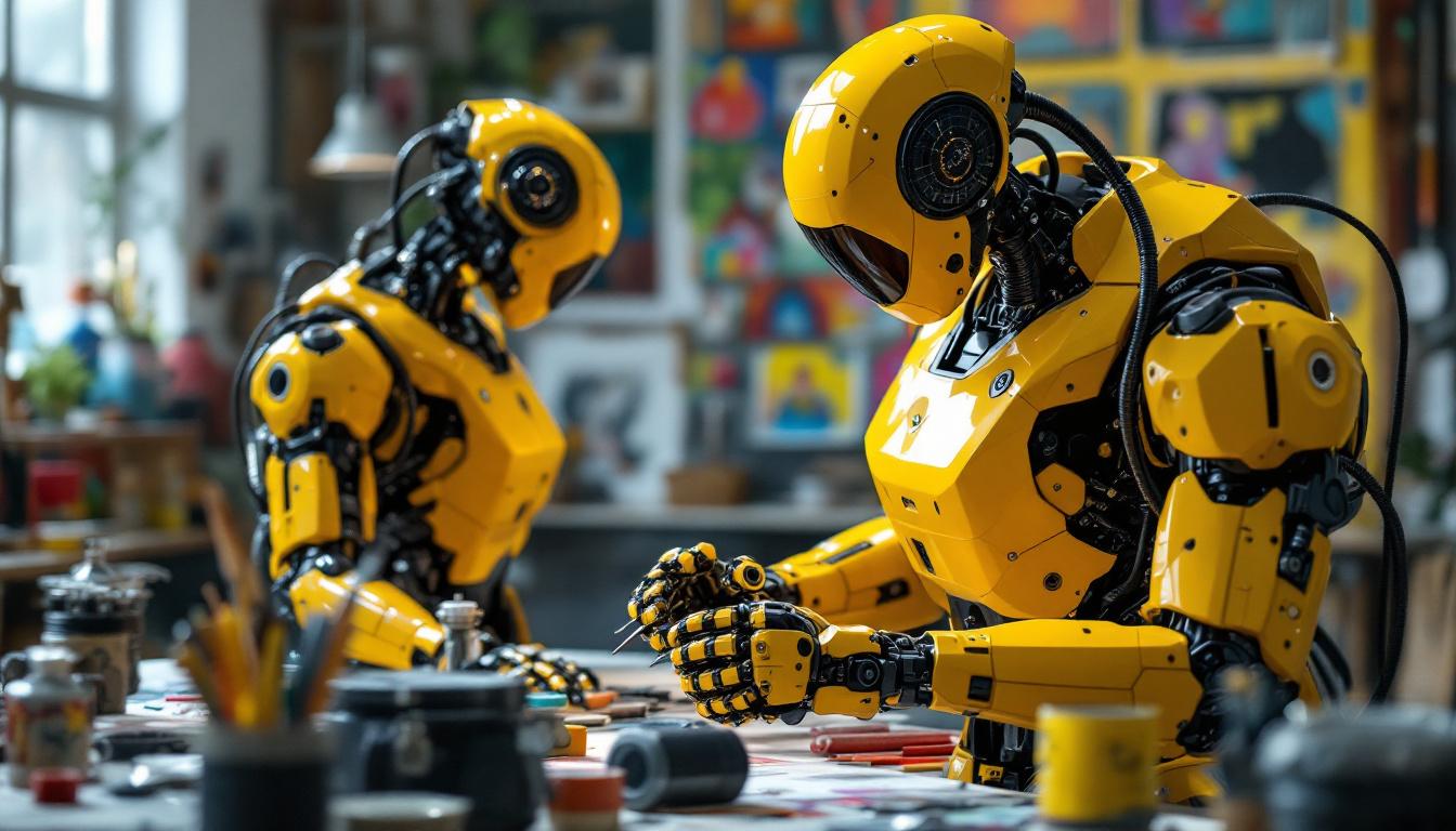 A photograph of a sleek industrial robot in action within a vibrant art studio