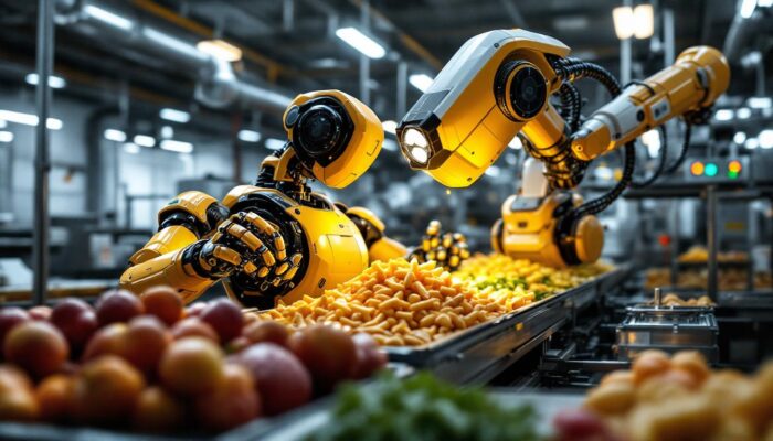 A photograph of a sleek industrial robot in action within a modern food processing facility