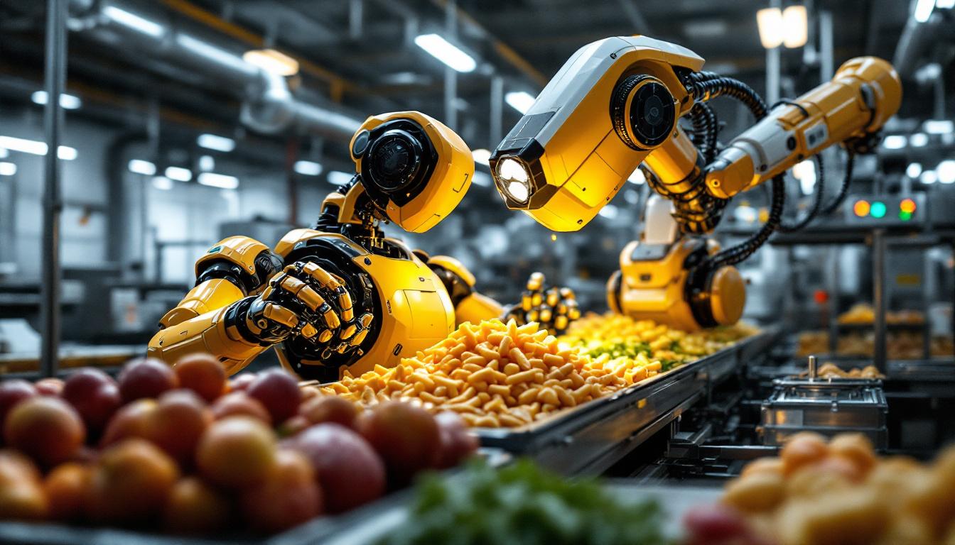 A photograph of a sleek industrial robot in action within a modern food processing facility