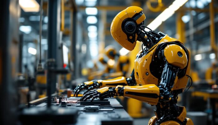 A photograph of a sleek industrial robot in action within a modern manufacturing environment