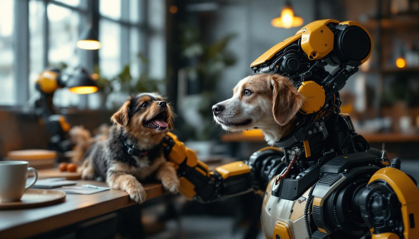 A photograph of a sleek industrial robotic arm interacting with a playful dog in a modern workspace