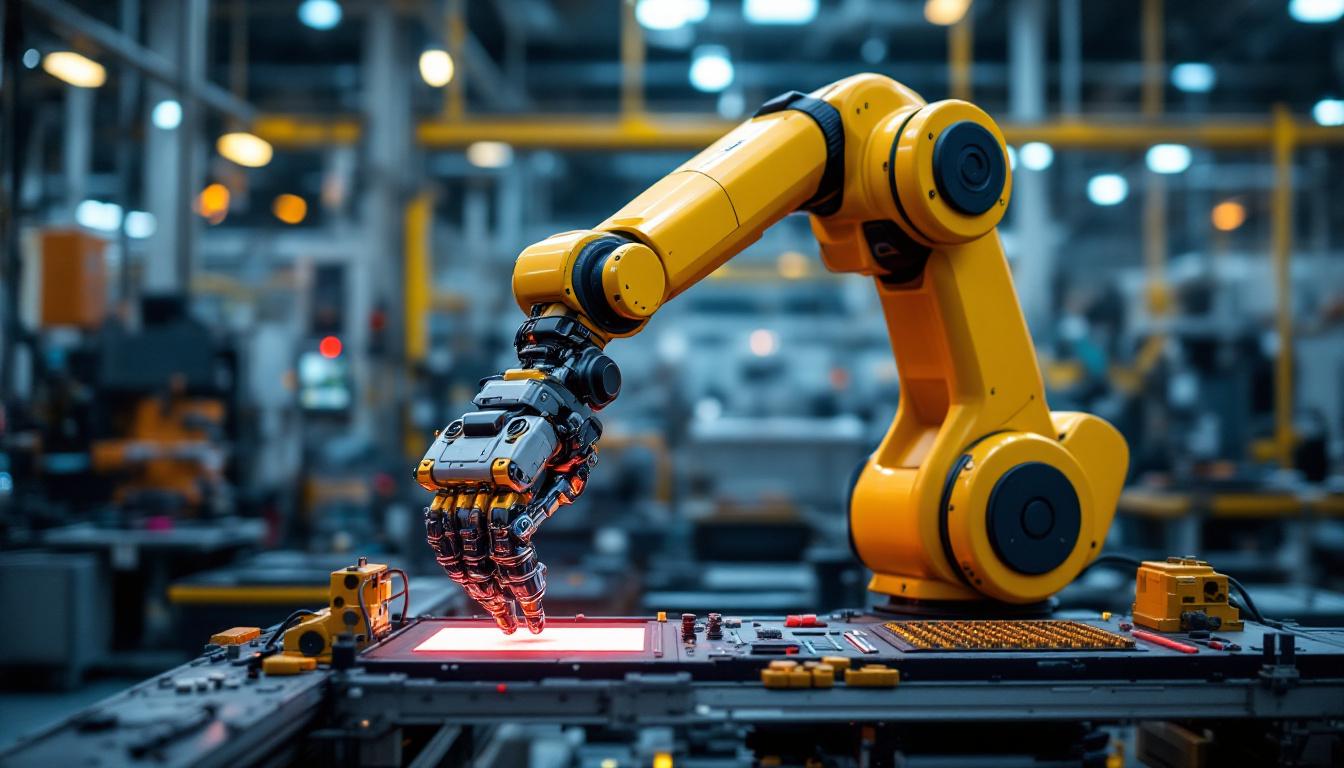 A photograph of a sleek industrial robotic arm in action