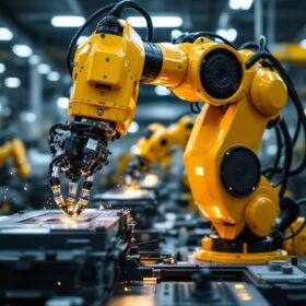 A photograph of a dynamic industrial robot in action