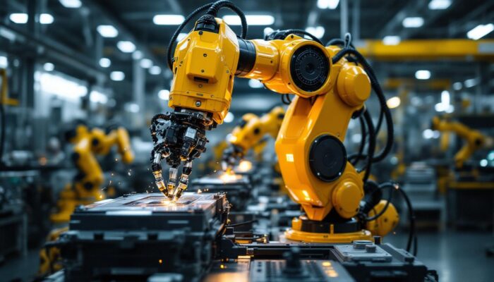 A photograph of a dynamic industrial robot in action