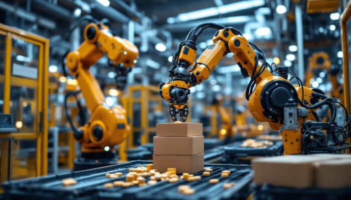 A photograph of a modern industrial robot in action