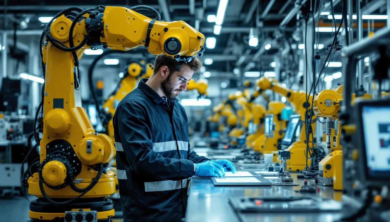 A photograph of a biomedical engineer working alongside industrial robotic systems in a high-tech lab environment