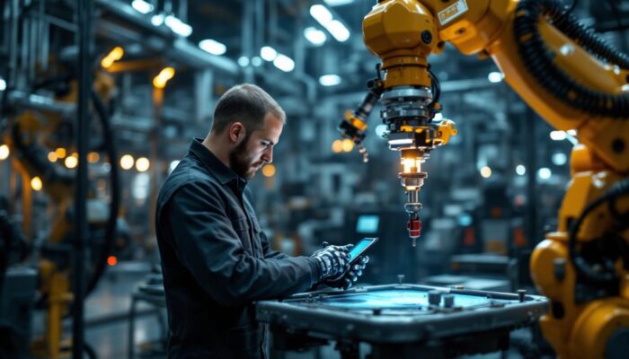 A photograph of a skilled technician inspecting an industrial robotic arm in action