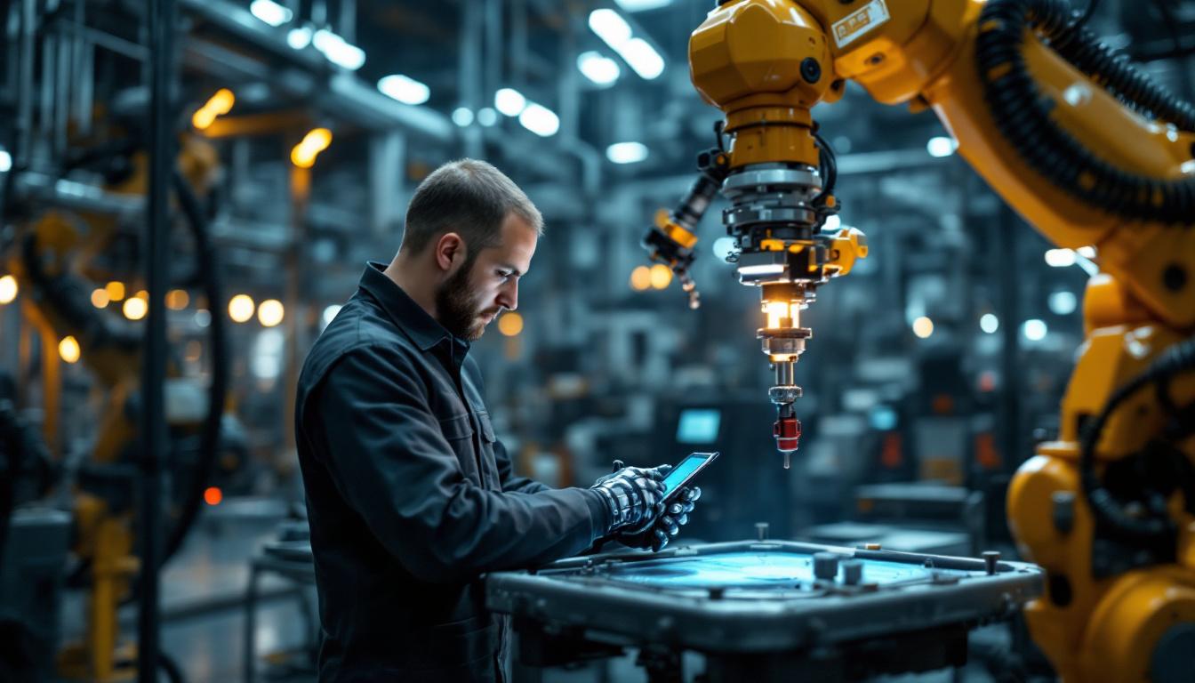 A photograph of a skilled technician inspecting an industrial robotic arm in action
