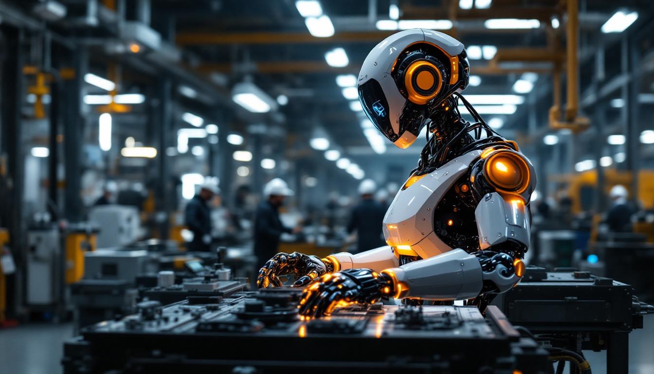 A photograph of a sleek industrial robot in action within a manufacturing setting