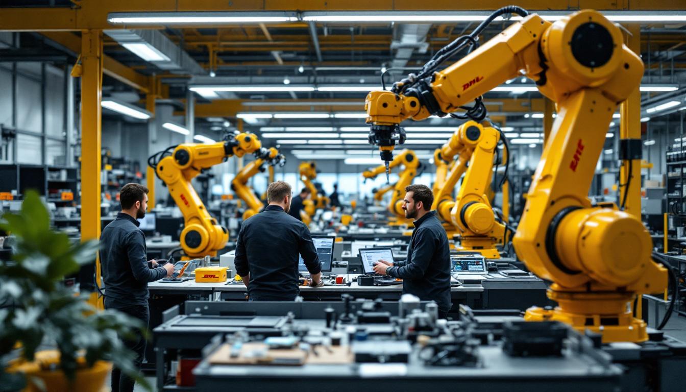 A photograph of a dynamic industrial robotics workspace at the boston dhl office