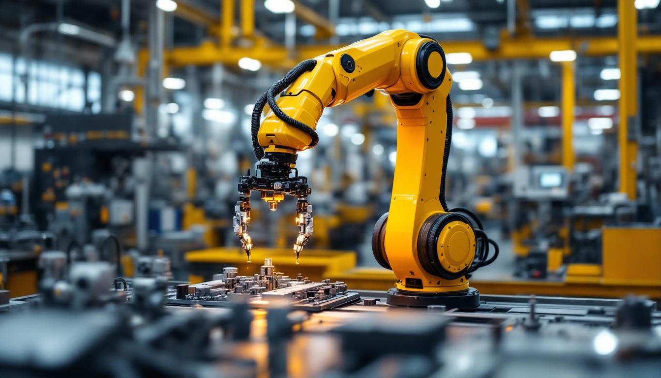 A photograph of a sleek industrial robotic arm in action within a modern manufacturing facility