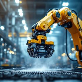 A photograph of a powerful industrial robotic arm in action