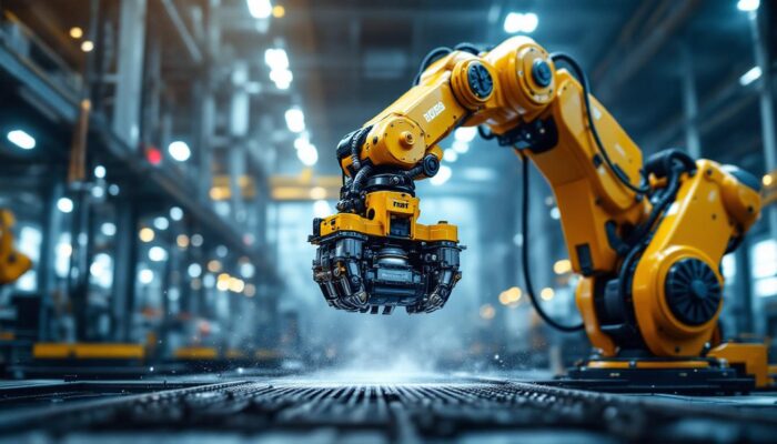 A photograph of a powerful industrial robotic arm in action