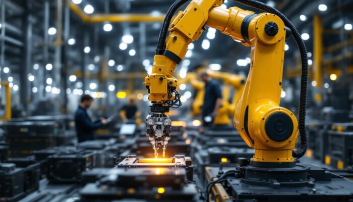 A photograph of a modern industrial robotic arm in action