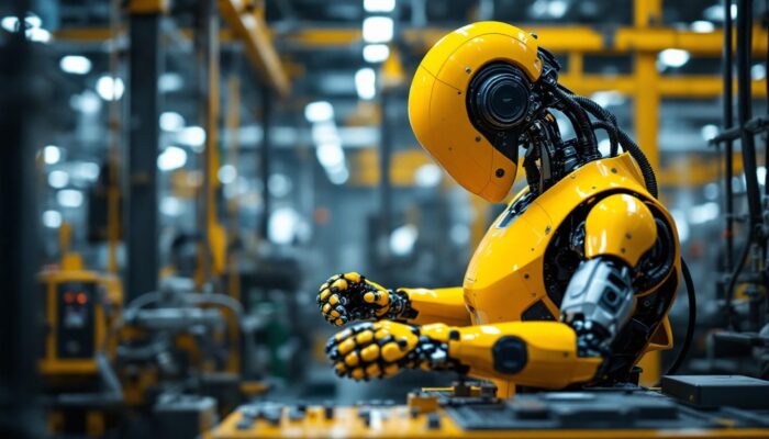 A photograph of a sleek industrial robot in action on a factory floor