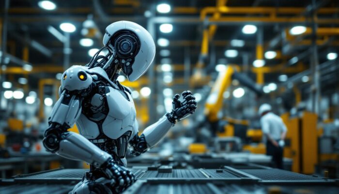 A photograph of a sleek industrial robot in action on a factory floor