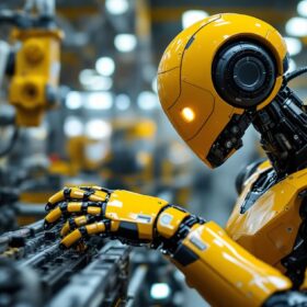 A photograph of a sleek industrial robot in action within a manufacturing setting