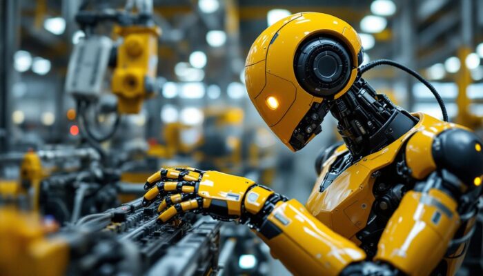 A photograph of a sleek industrial robot in action within a manufacturing setting