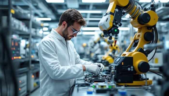 A photograph of a skilled biomedical electronics technician working on a robotic system in a laboratory setting