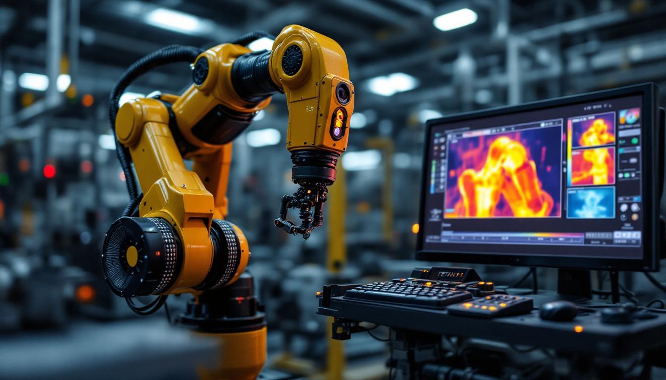 A photograph of a robotic arm equipped with a thermal camera in an industrial setting