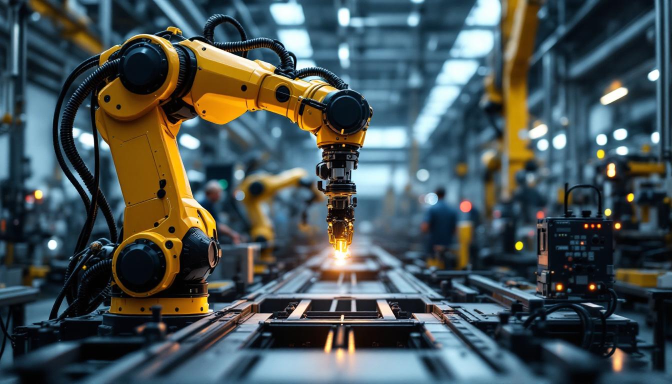 A photograph of a sleek industrial robotic arm in action within a modern manufacturing environment