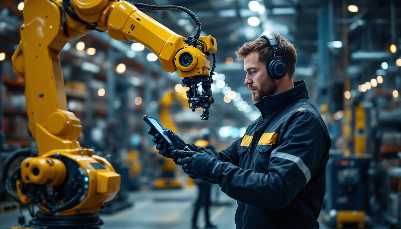 A photograph of a skilled technician programming or operating an industrial robot in a modern logistics facility