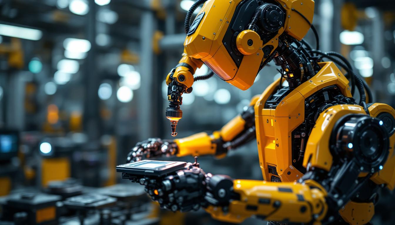 A photograph of a modern industrial robot in action