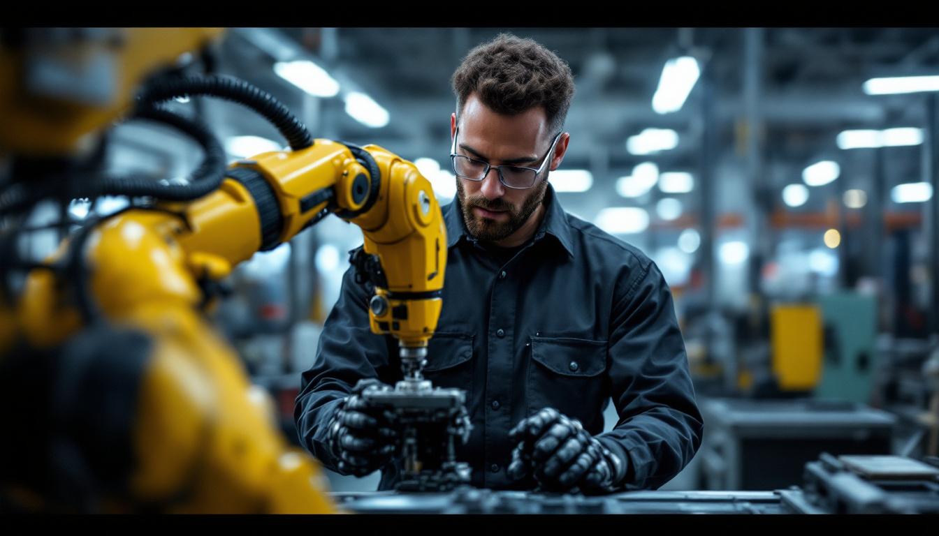 A photograph of a skilled technician interacting with an industrial robot