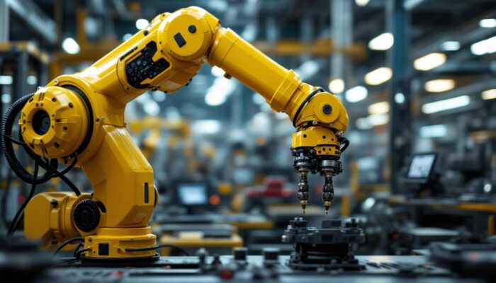 A photograph of a dynamic industrial robotic arm in action
