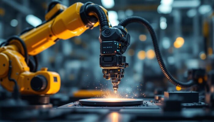 A photograph of a sleek industrial robotic arm in action