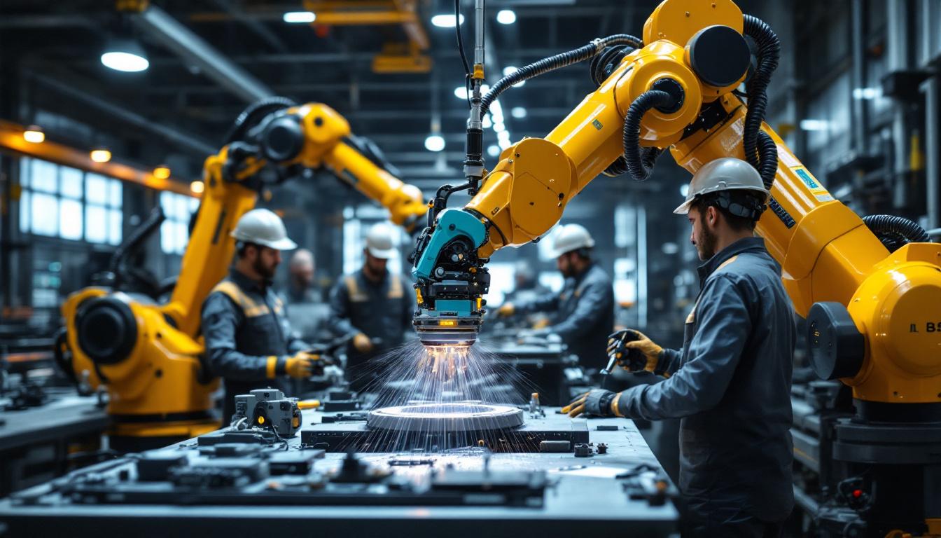 A photograph of a dynamic industrial robotics workspace