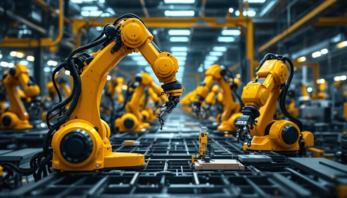A photograph of a dynamic industrial setting featuring a variety of robotic arms in action