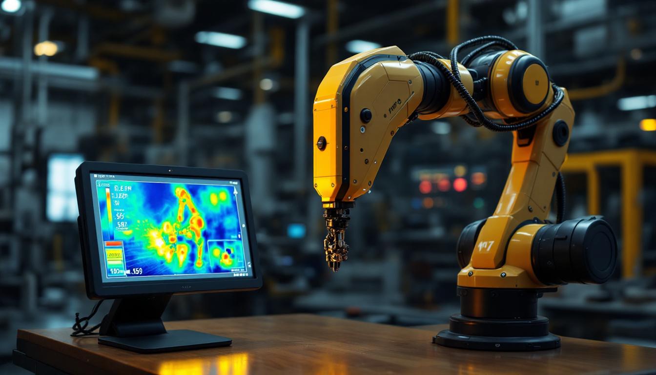 A photograph of a robotic arm equipped with a thermal imaging camera in an industrial setting