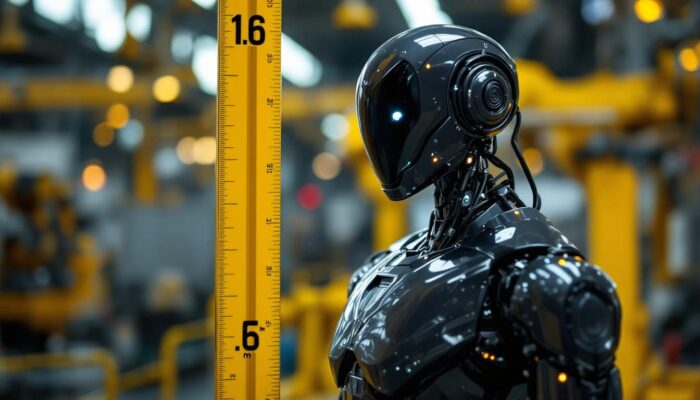 A photograph of a sleek industrial robot standing next to a measuring tape or ruler marked at 1.6 meters