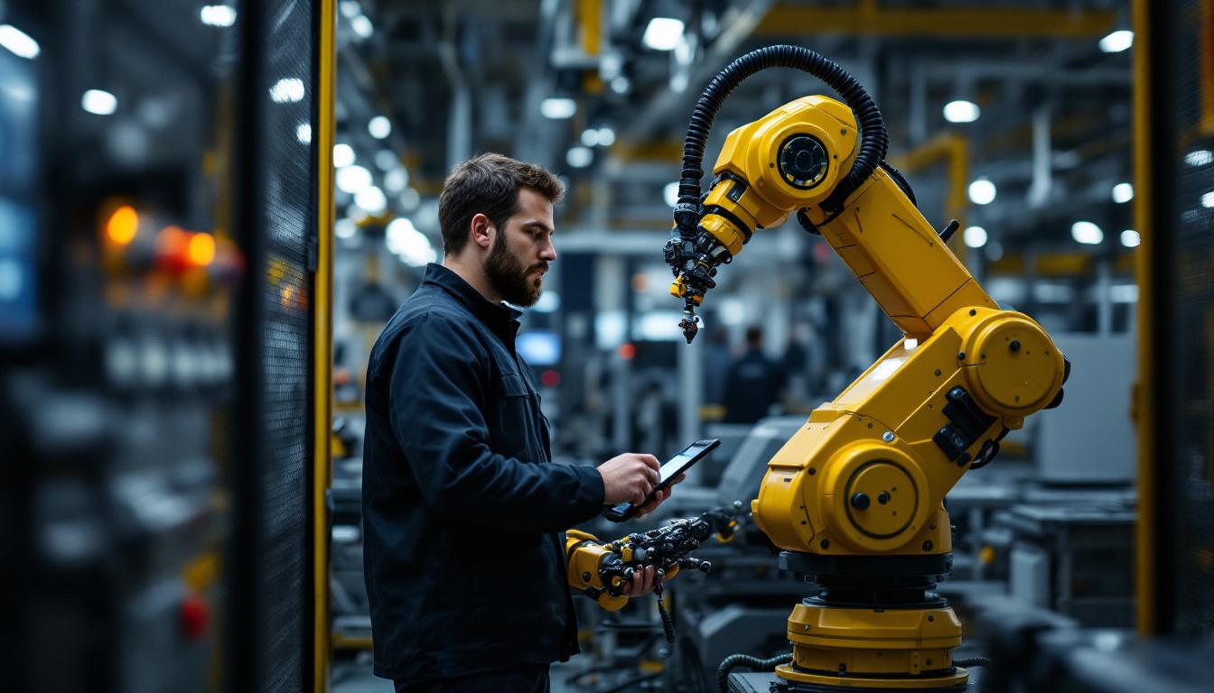 A photograph of a skilled technician programming an industrial robot in a modern manufacturing environment