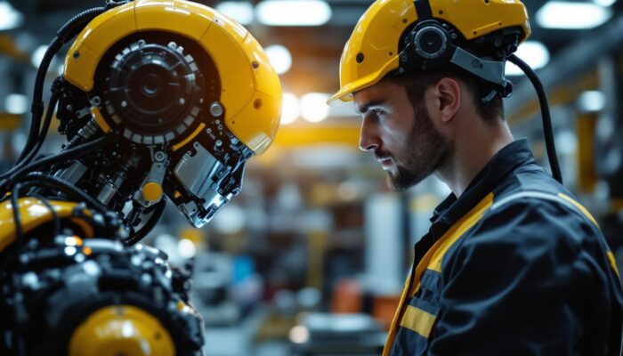 A photograph of a skilled technician inspecting a sophisticated industrial robot in a massachusetts manufacturing facility